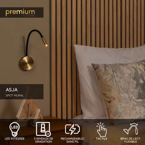 Lucide ASJA - Spot mural / Applique mural Rechargeable - Batterie/Piles - LED 3 StepDim - 1x3W 2700K - Or Mat / Laiton | Premium - USP